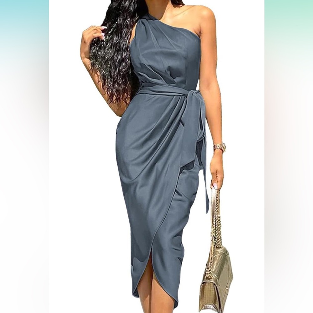 Ruched Bodycon One Shoulder Satin Belted Midi Dress - Size M - Grey Blue